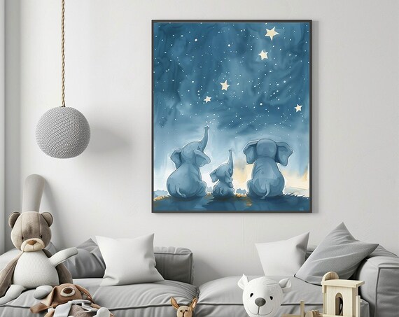 Elephant Family Starry Night Sky Nursery Watercolor Wall Art