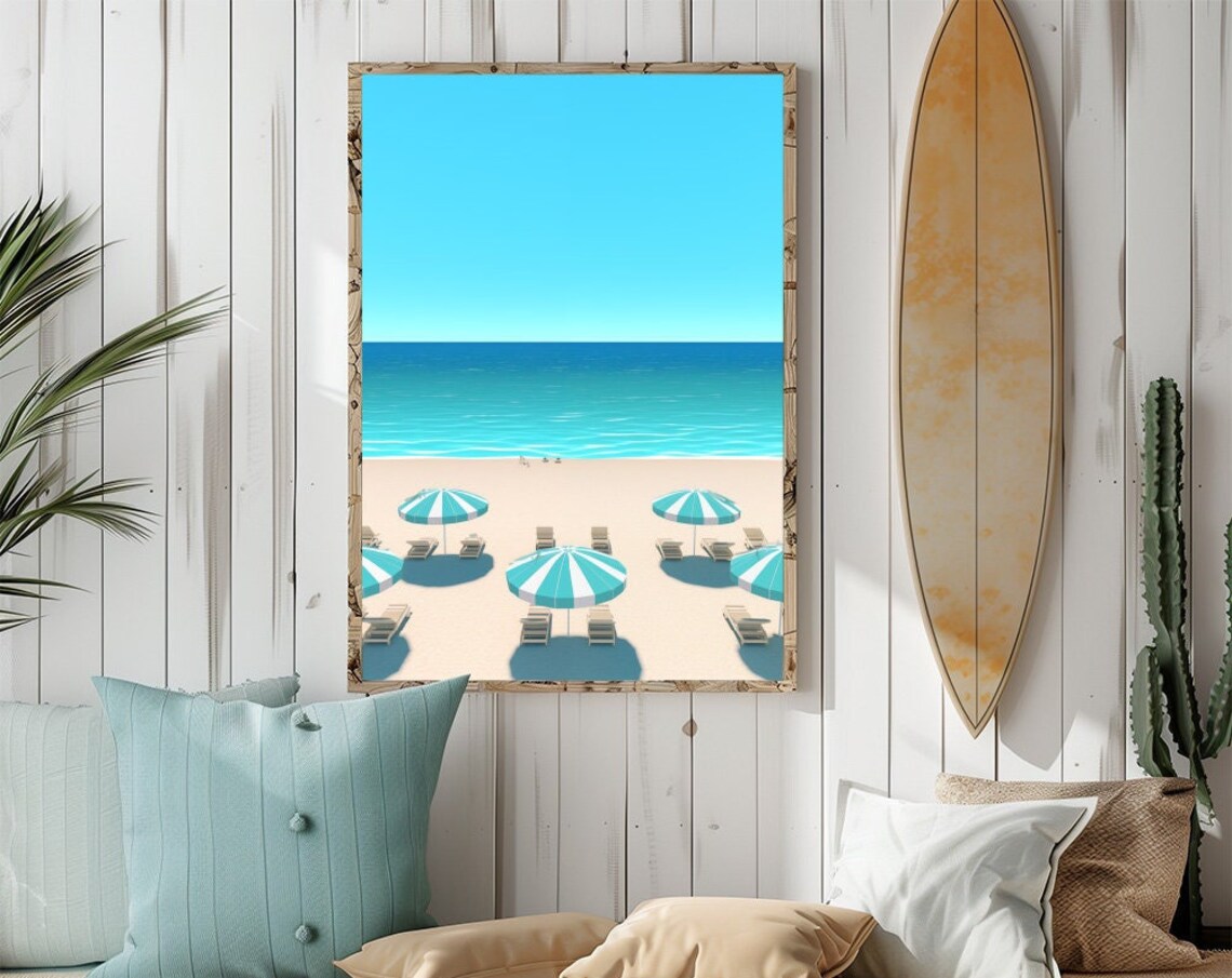 Tropical Ocean Beach Umbrellas Minimalist Coastal Art Poster