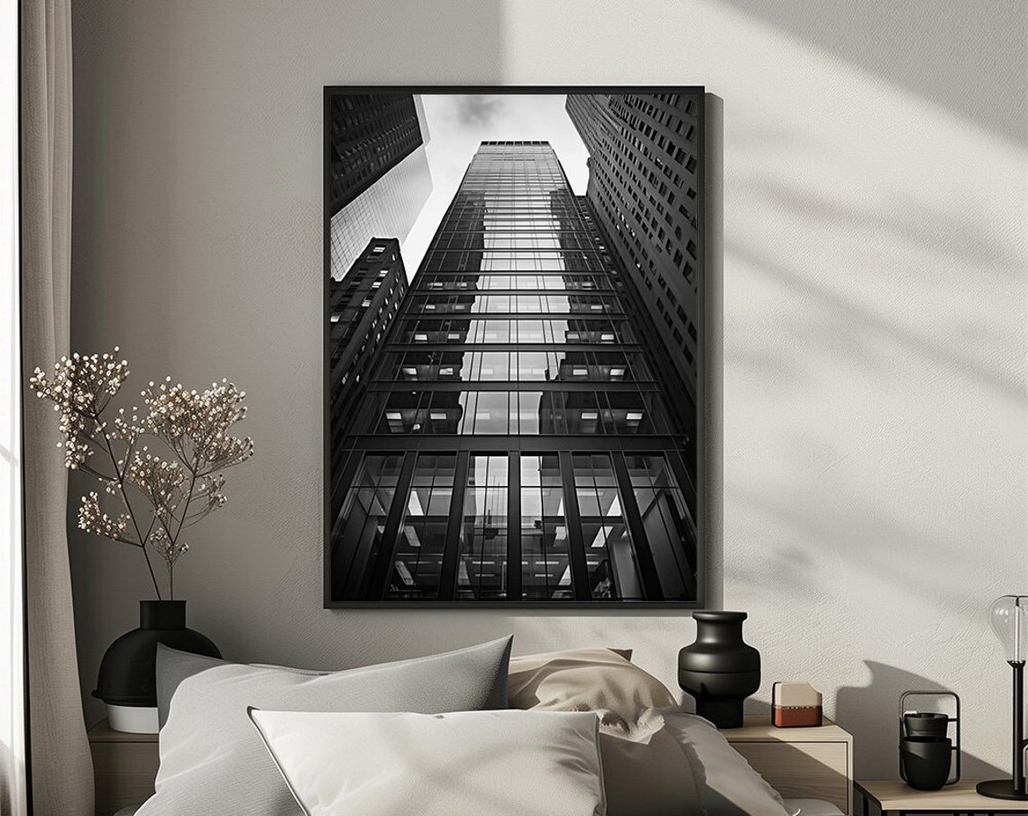 Black and White Skyscraper Looking Upwards City Architecture Poster