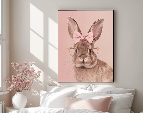 Cute Bunny With Bow And Eyeglasses Soft Pink Nursery Wall Poster