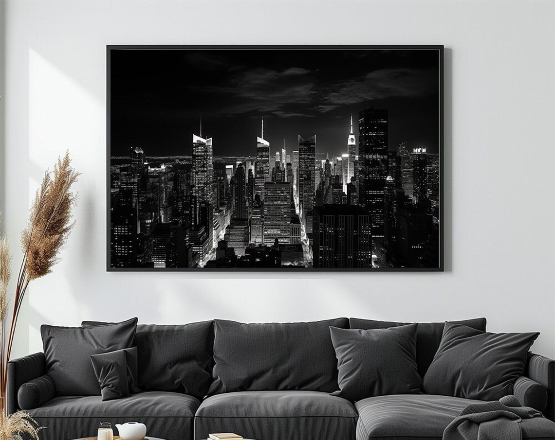 Midtown Manhattan Night Skyscraper Skyline Black White Poster