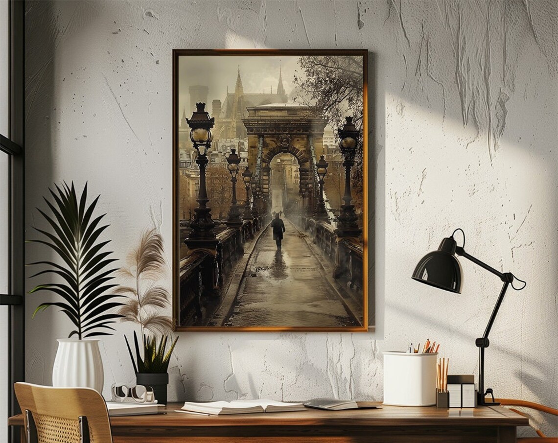 Vintage Paris Bridge In Misty Morning Autumn Sepia Art Print