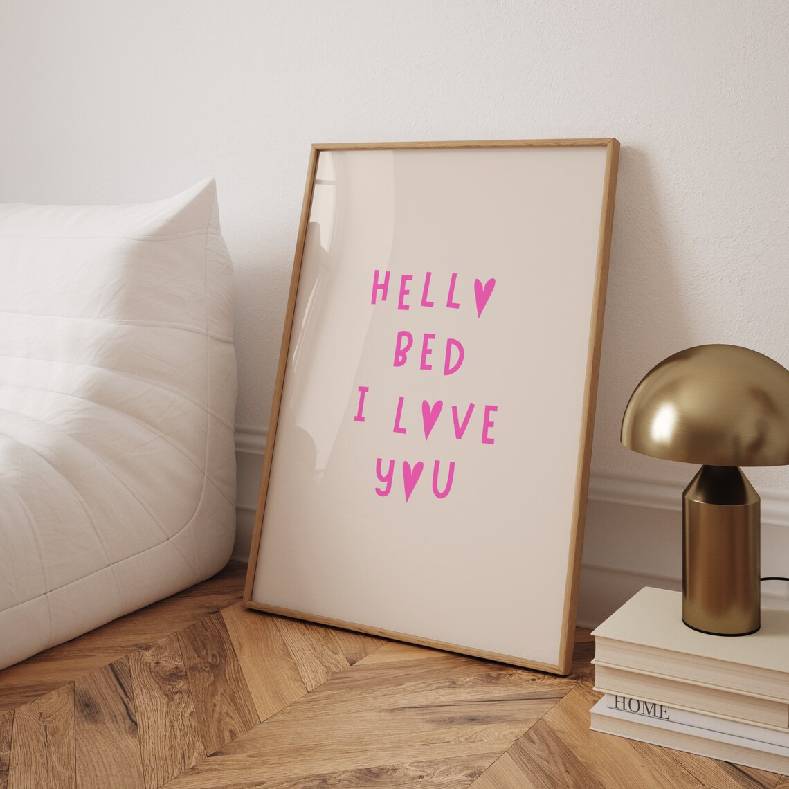 Hello Bed I Love You Pink Heart Typography Bedroom Quote Poster