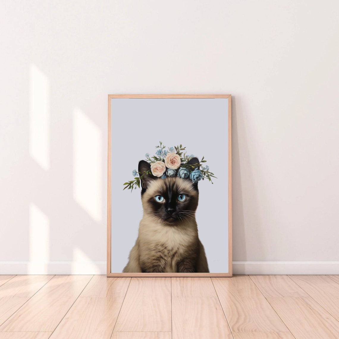 Siamese Cat with Floral Crown Blue Eyes Nursery Decor Wall Art