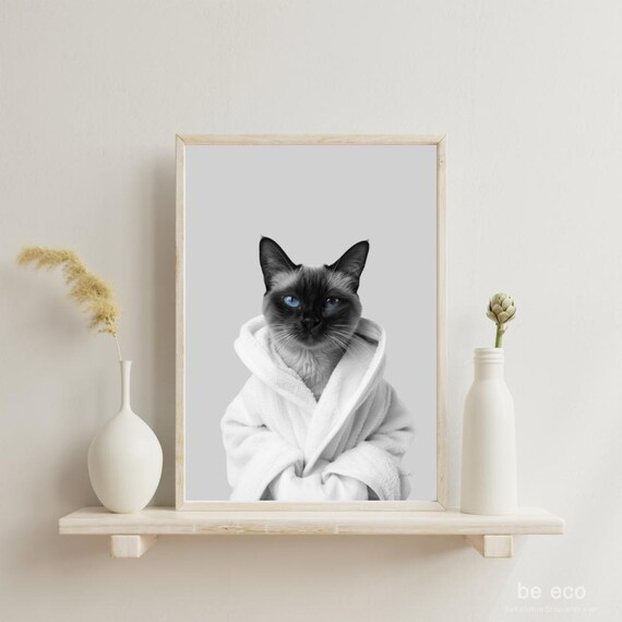 Siamese Cat In Bathrobe Funny Bathroom Animal Art Kids Bath Poster