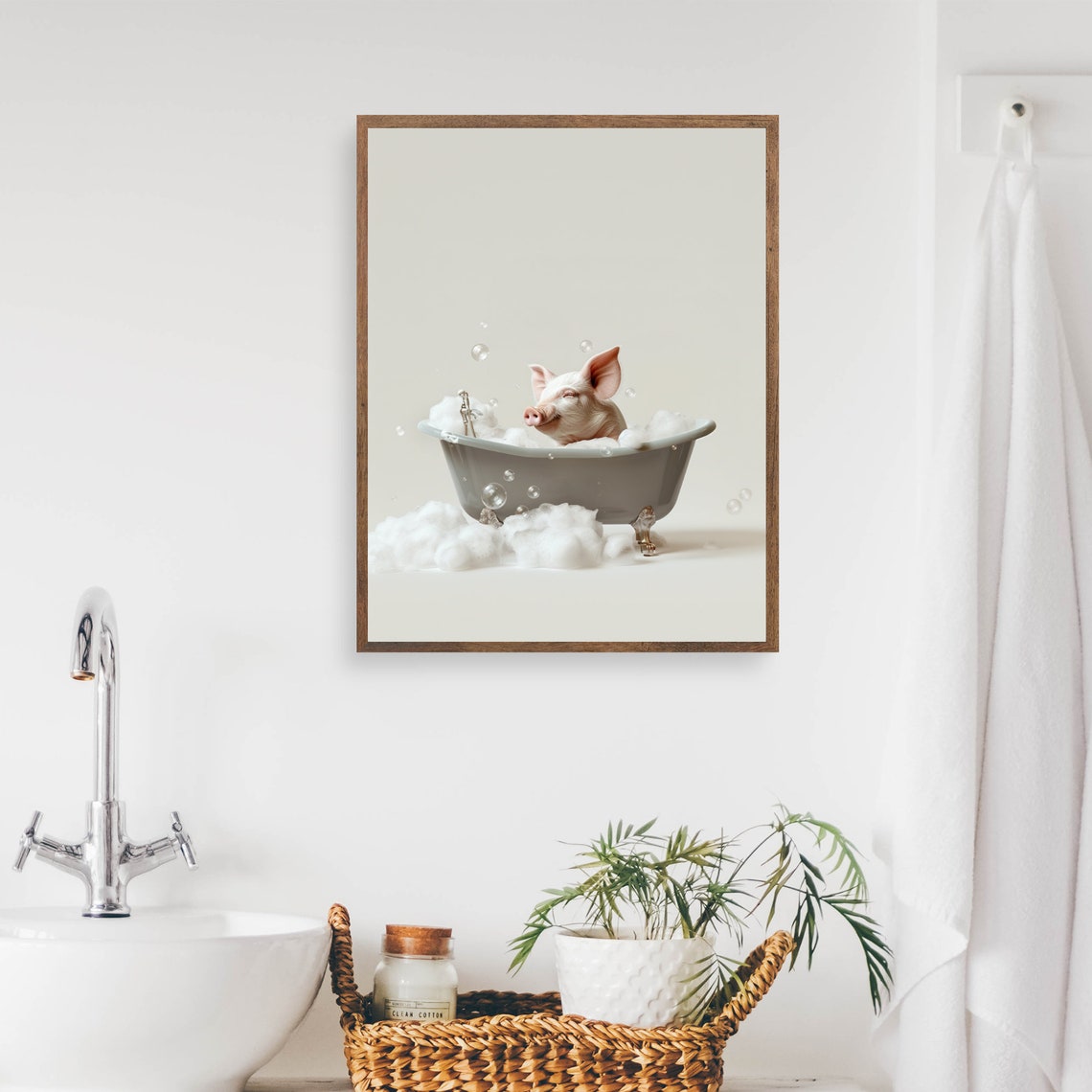 Pig In Bubble Bathtub Cute Funny Bathroom Animal Portrait Wall Print