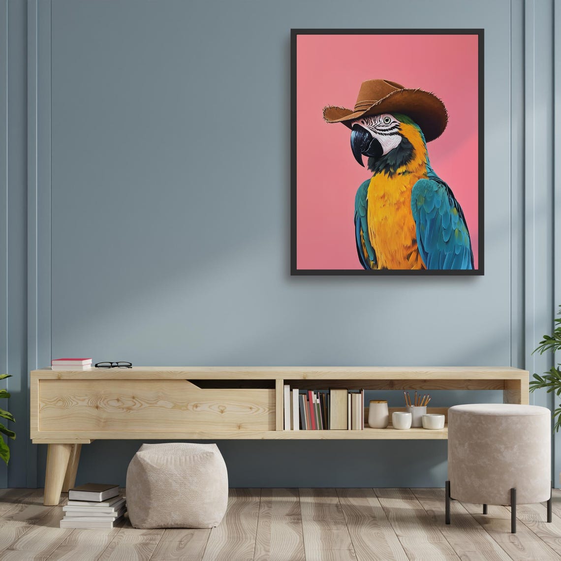 Blue And Yellow Macaw Cowboy Hat Pink Background Funny Bird Print