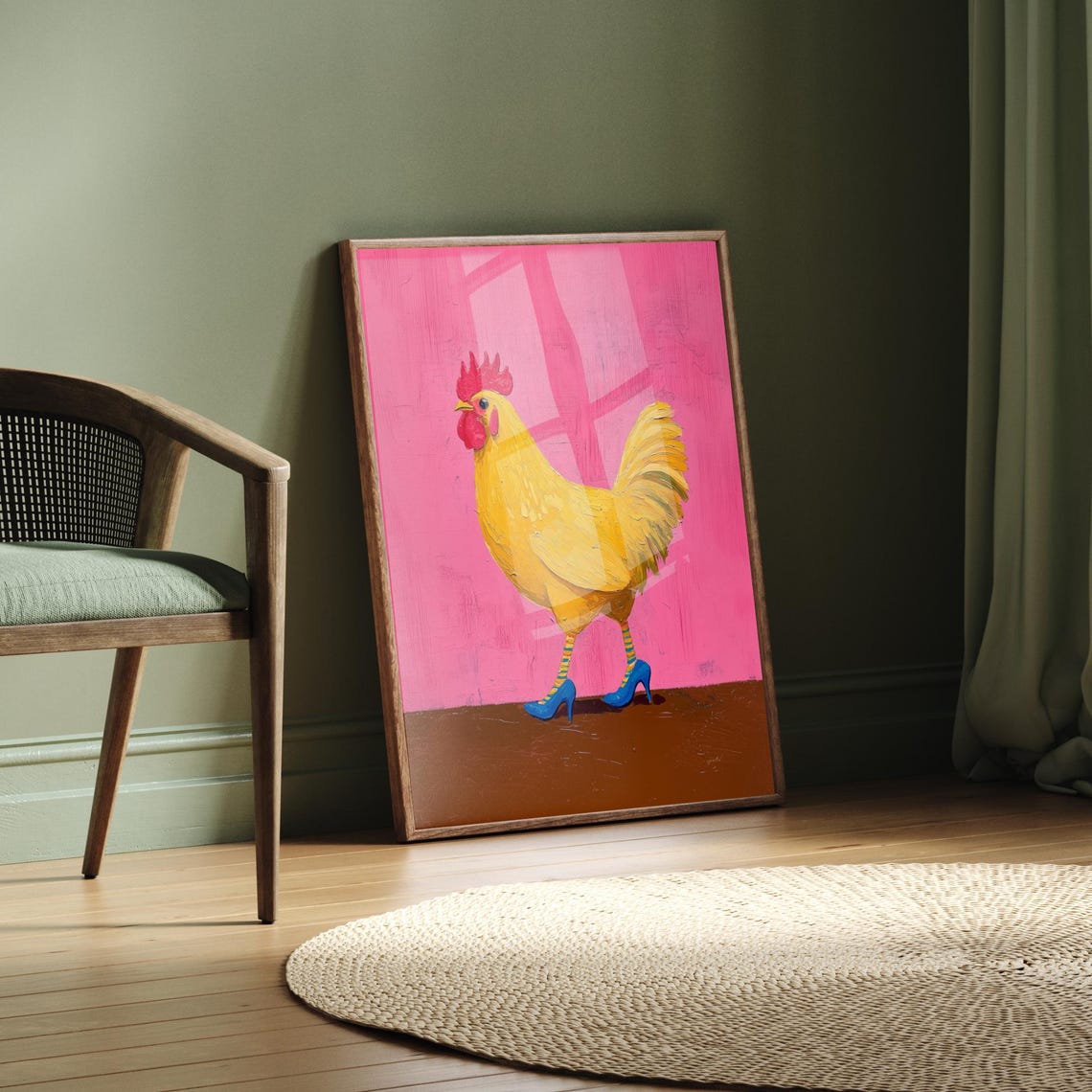 Yellow Chicken In Blue High Heels Hot Pink Fun Animal Art Poster