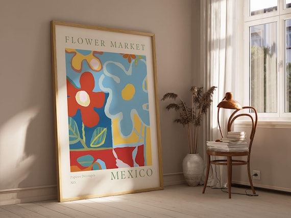 Mexico Flower Market Red Blue Bold Papiers Decoupes Floral Poster