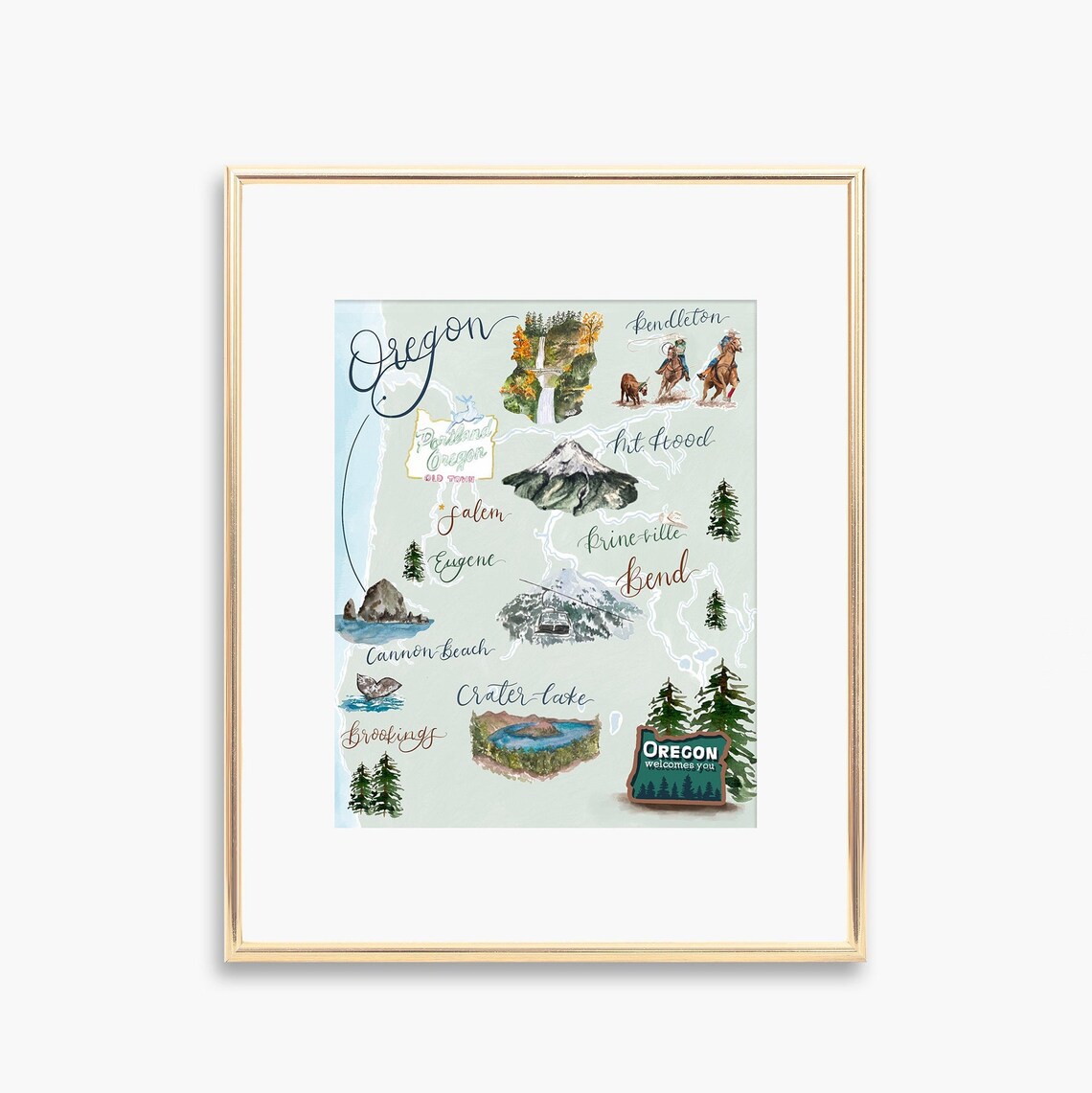 Oregon Watercolor Map Art Print Pnw Travel Souvenir