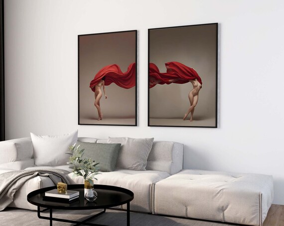 Dancing Woman With Red Drape Diptych Artistic Nude Art Poster