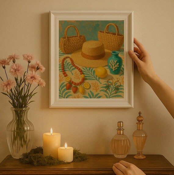 Summer Still Life Straw Hat Lemon Coastal Boho Home Retro Poster