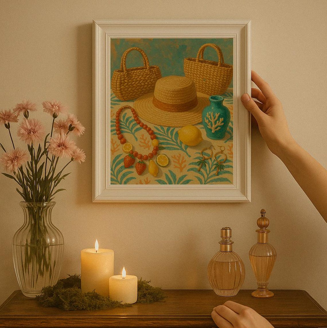Summer Still Life Straw Hat Lemon Coastal Boho Home Retro Poster