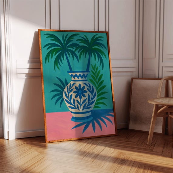 Tropical Floral Wall Art Vibrant Hibiscus Poster Blue Folk Vase Print Coastal Boho Home Decor Bright Botanical
