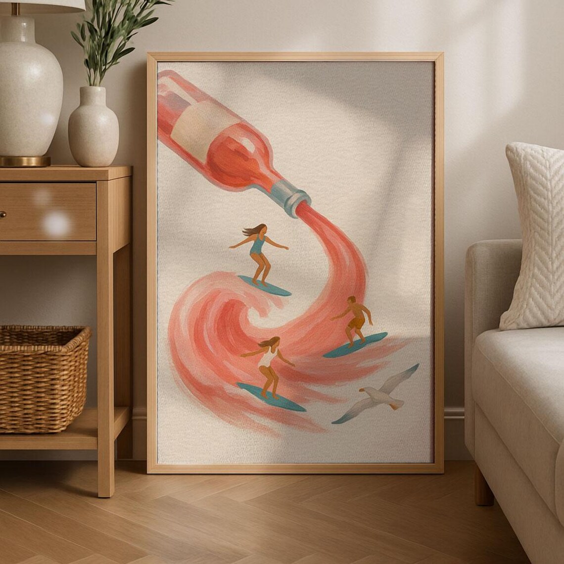 Rose Wine Surfers Whimsical Illustration Coastal Summer Party Wall Poster