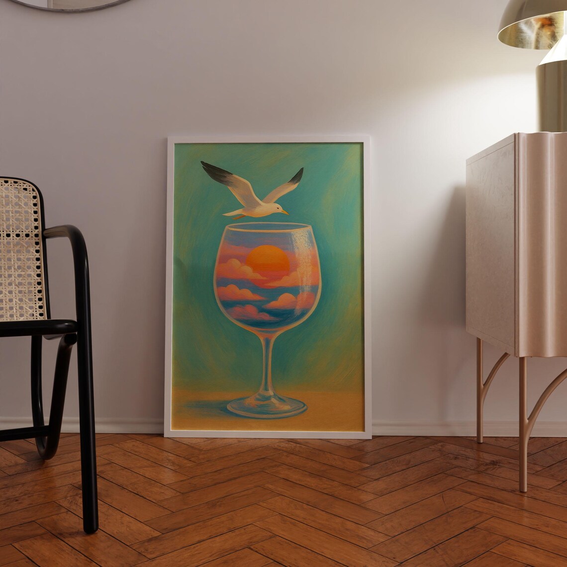 Seagull Sunset Wine Glass Surreal Art Print for Coastal Home Decor