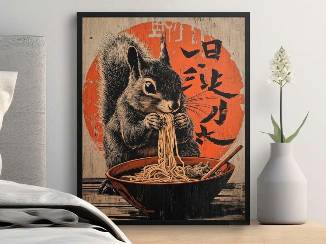 Squirrel Eating Noodles Vintage Japanese Red Sun Woodblock Art Poster