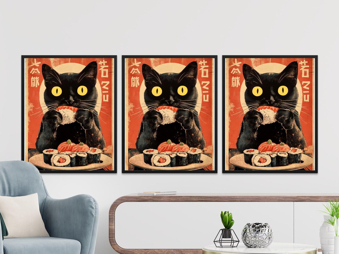 Vintage Black Cat Eating Salmon Sushi Retro Japanese Kitchen Art Poster - Image 2