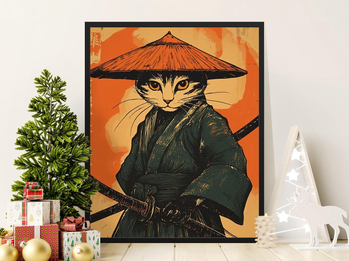 Samurai Cat In Straw Hat With Katana Japanese Warrior Art Poster