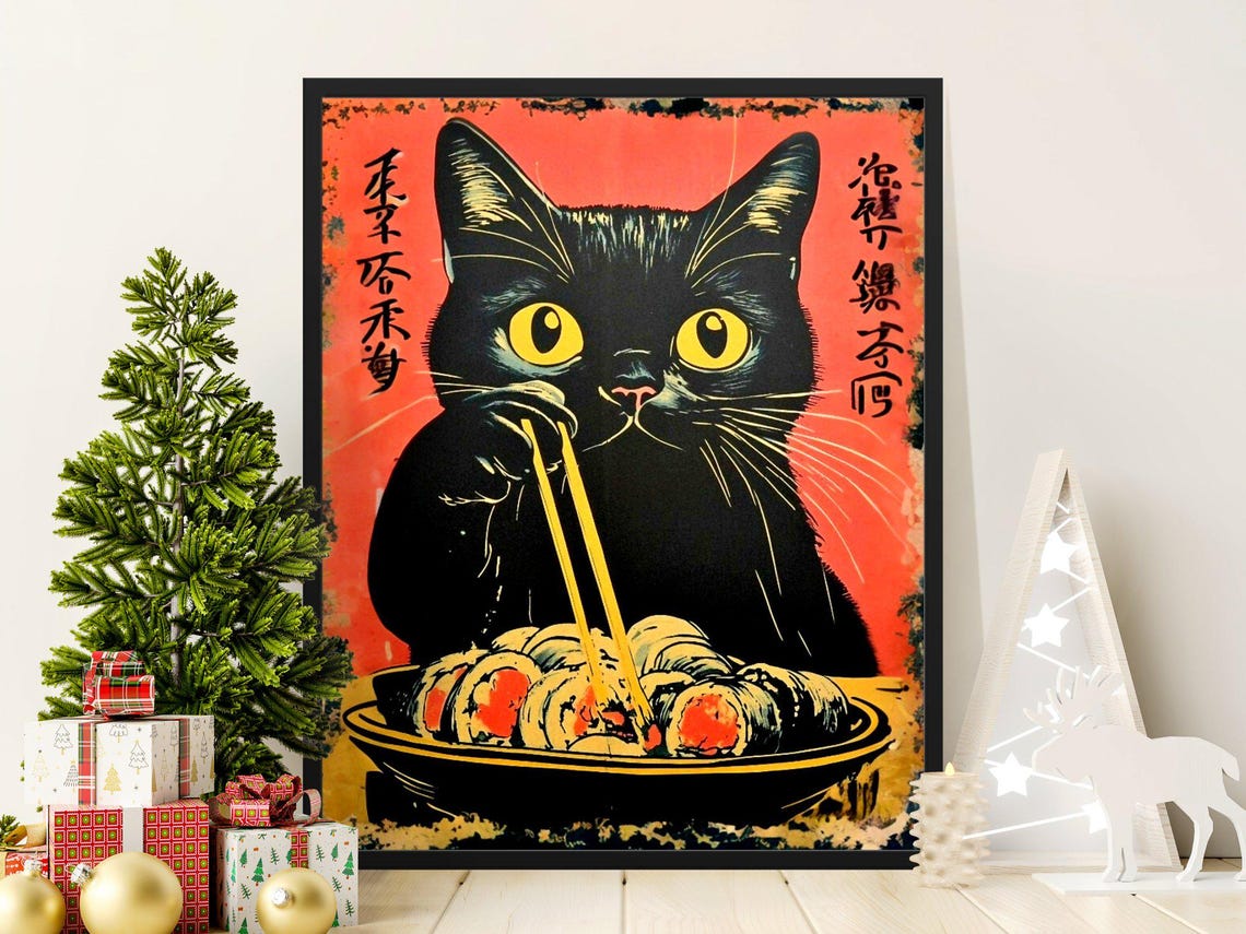 Black Cat Slurping Sushi With Chopsticks Retro Japanese Poster