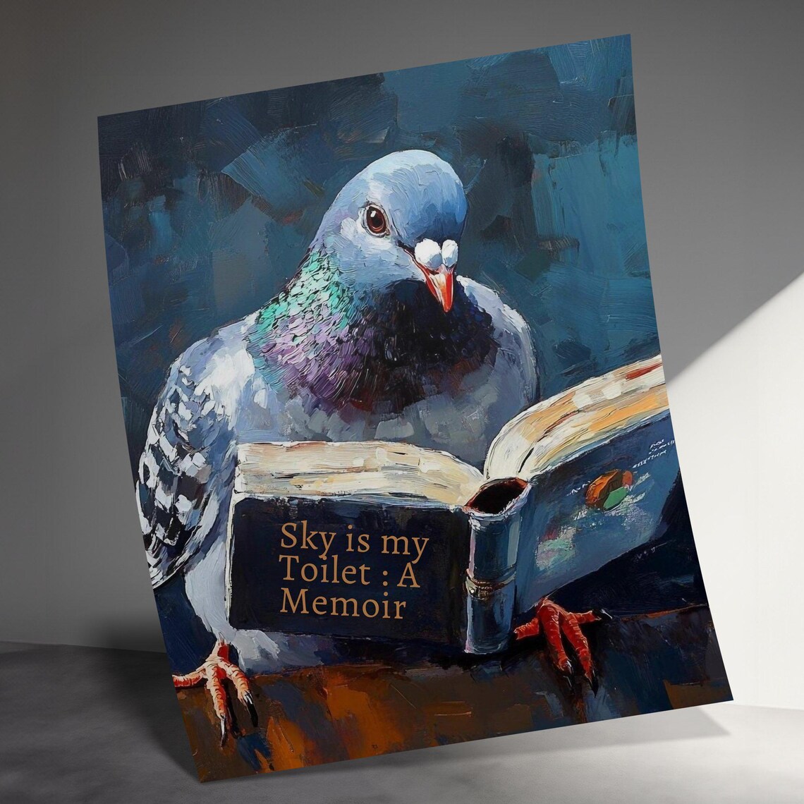 Funny Pigeon Reading Sky Is My Toilet Memoir Book Oil Painting Poster - Image 3
