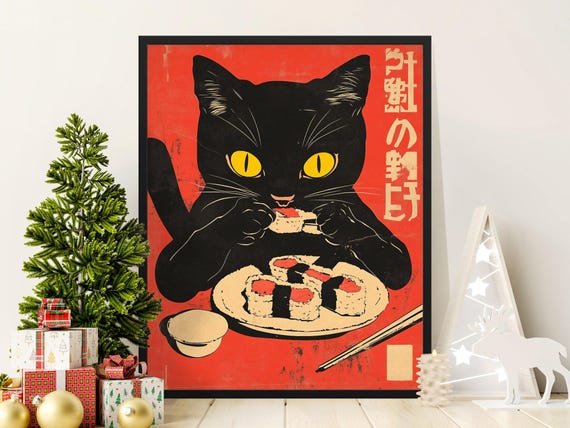 Vintage Black Cat Sushi Poster Retro Japanese Art Print Cat Lover Wall Decor Quirky Kitchen Artwork Bold Sushi Print Unique Gift Idea