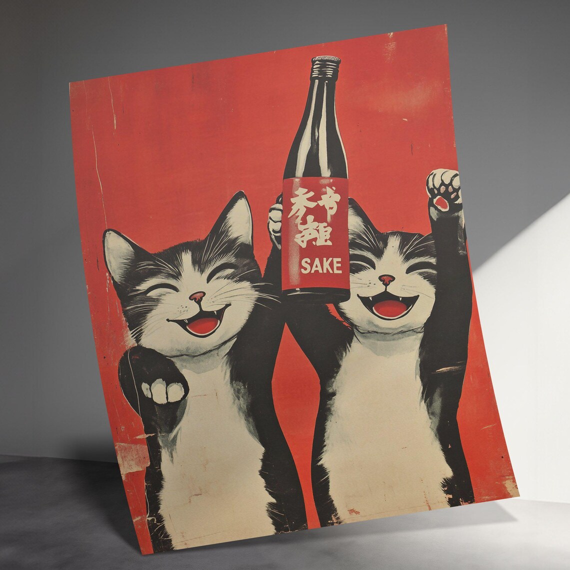 Funny Happy Cats Sake Bottle Cheering Vintage Japanese Poster - Image 3
