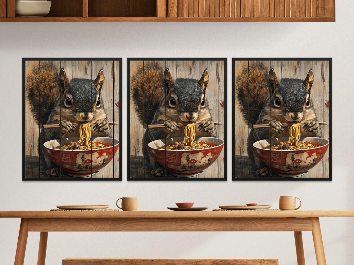 Realistic Squirrel Eating Noodles Rustic Wooden Farmhouse Kitchen Poster - Image 2