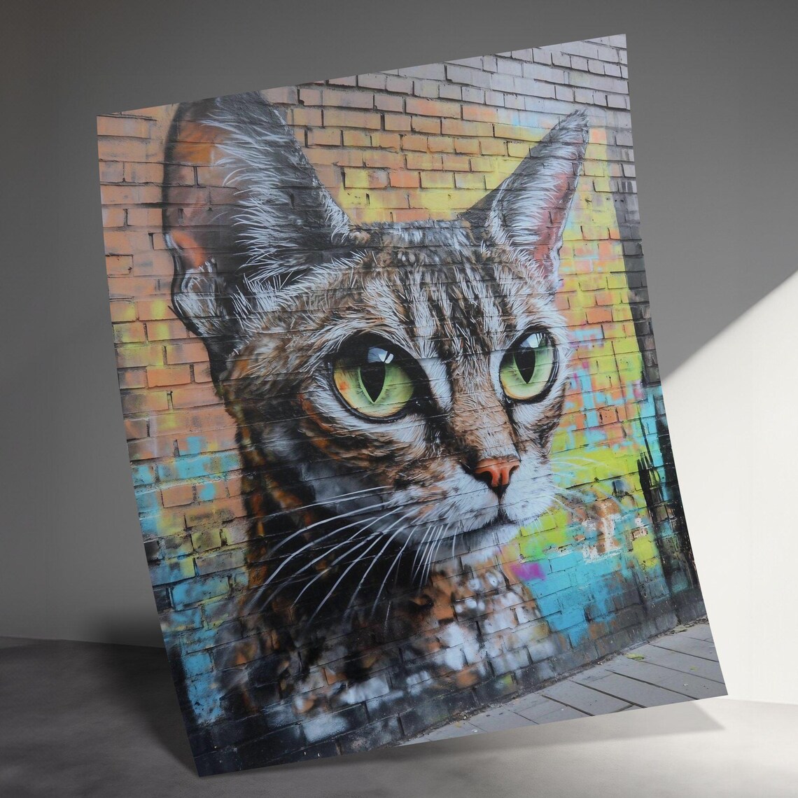 Graffiti Cat Street Art Mural Colorful Brick Wall Urban Feline Wall Art - Image 3