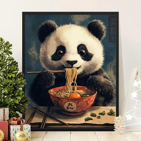 Cute Baby Panda Eating Ramen Chopsticks Bowl Adorable Vintage Kitchen Poster