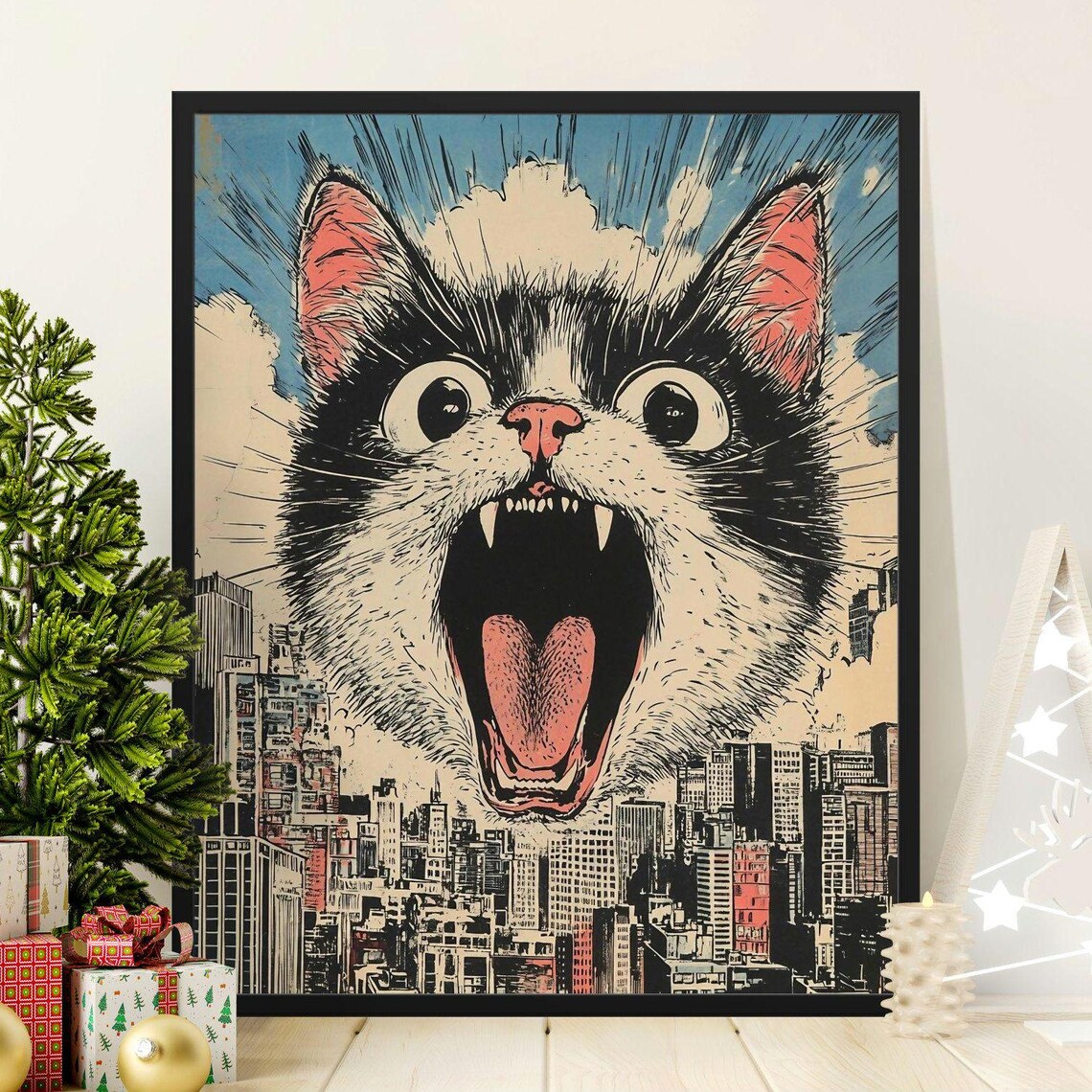 Giant Roaring Cat Over City Skyline Japanese Ink Style Poster