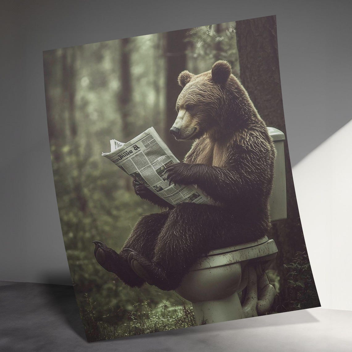 Bear Reading Newspaper On Toilet In Forest Funny Bathroom Poster - Image 3