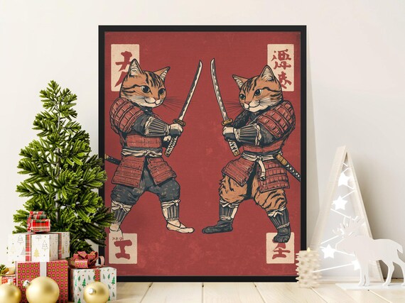 Samurai Tabby Cats Sword Standoff Red Japanese Warrior Wall Art Poster