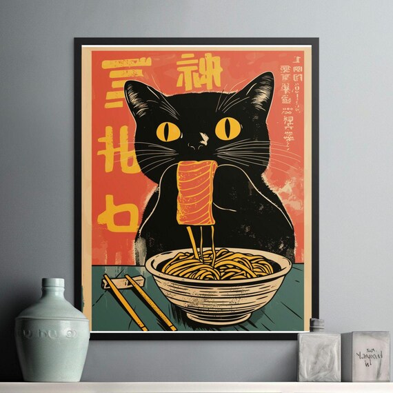 Retro Black Cat Eating Salmon Ramen Bold Vintage Japanese Noodle Poster