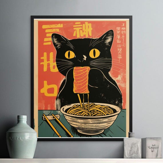 Retro Cat Eating Ramen Poster Quirky Cat Art Print Kitchen Wall Decor Vintage Japanese Style Cat Lover Gift Bold Colors
