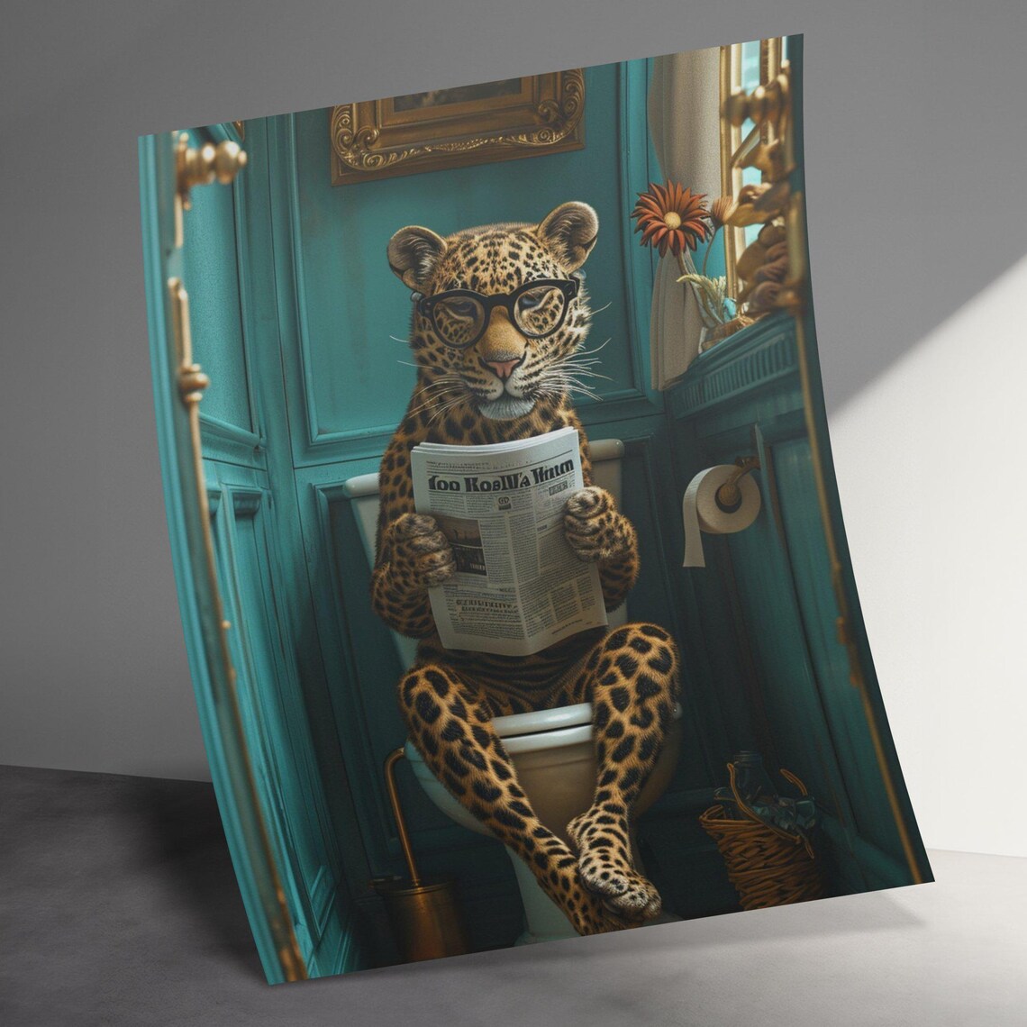 Leopard With Glasses Reading Newspaper on a Toilet Funny Wall Art - Image 3