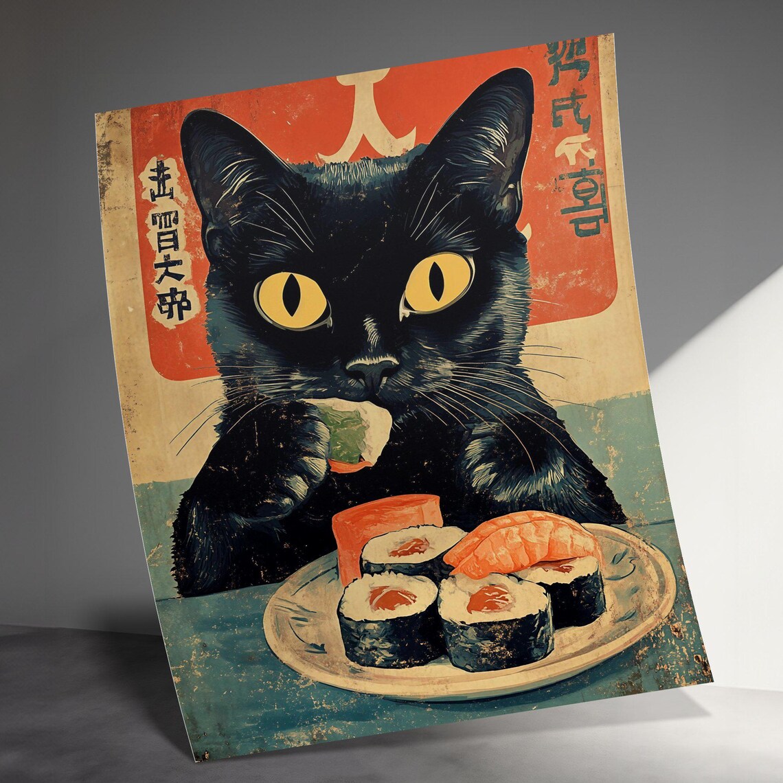 Black Cat Eating Salmon Sushi Retro Japanese Restaurant Kitchen Art Poster - Image 3