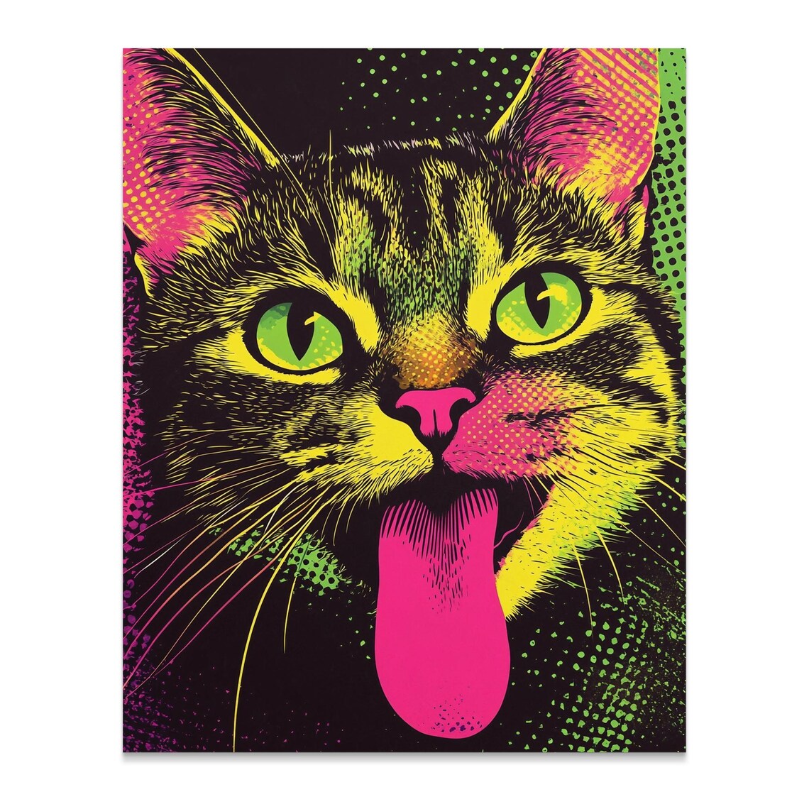 Neon Pop Art Cat Face Bright Pink Green Tongue Out Funky Modern Art Poster - Image 2