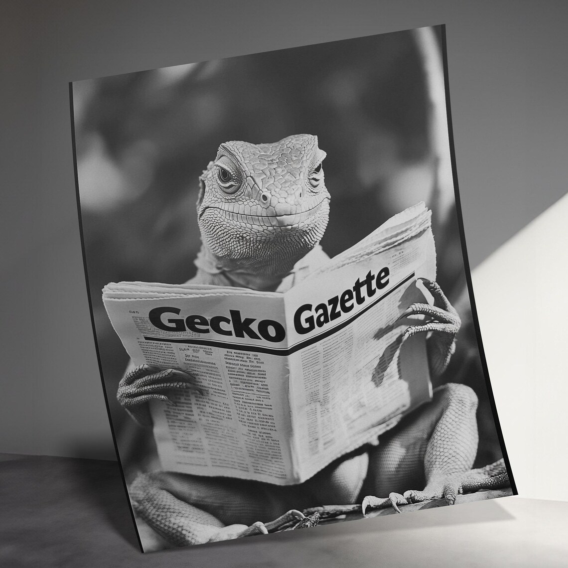 Gecko Reading Gecko Gazette Newspaper Black And White Reptile Wall Art - Image 3