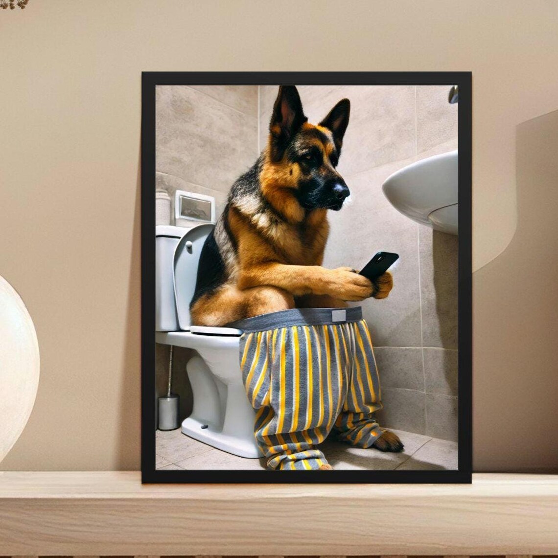 German Shepherd On Toilet In Pajama Pants With Phone Funny Dog Poster