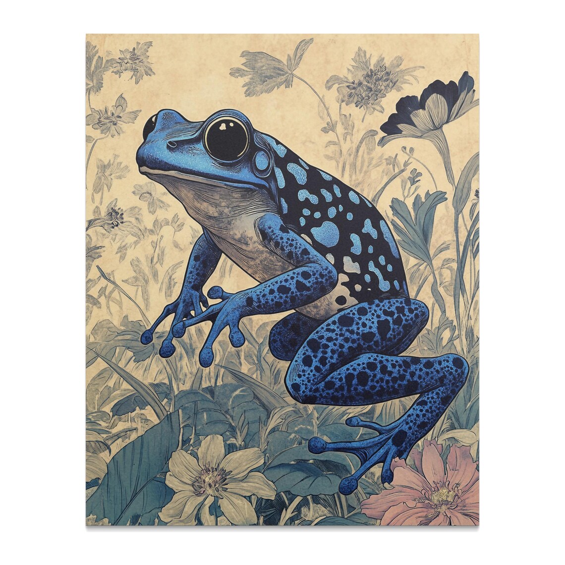 Blue Poison Dart Frog Tropical Flowers Botanical Wildlife Wall Art Poster - Image 2
