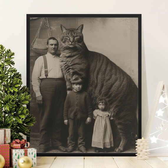 Giant Cat Vintage Family Portrait Surreal Retro Black And White Wall Art