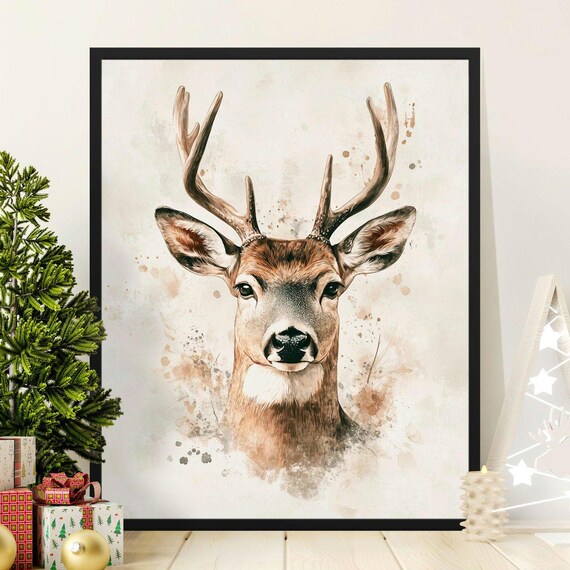 Majestic Deer Stag Portrait Watercolor Wildlife Rustic Cabin Wall Art Print