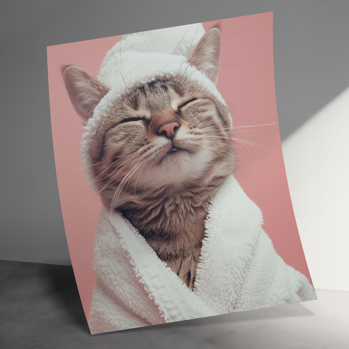 Cozy Spa Day Tabby Cat Wrapped in a White Towel Pink Wall Art - Image 3