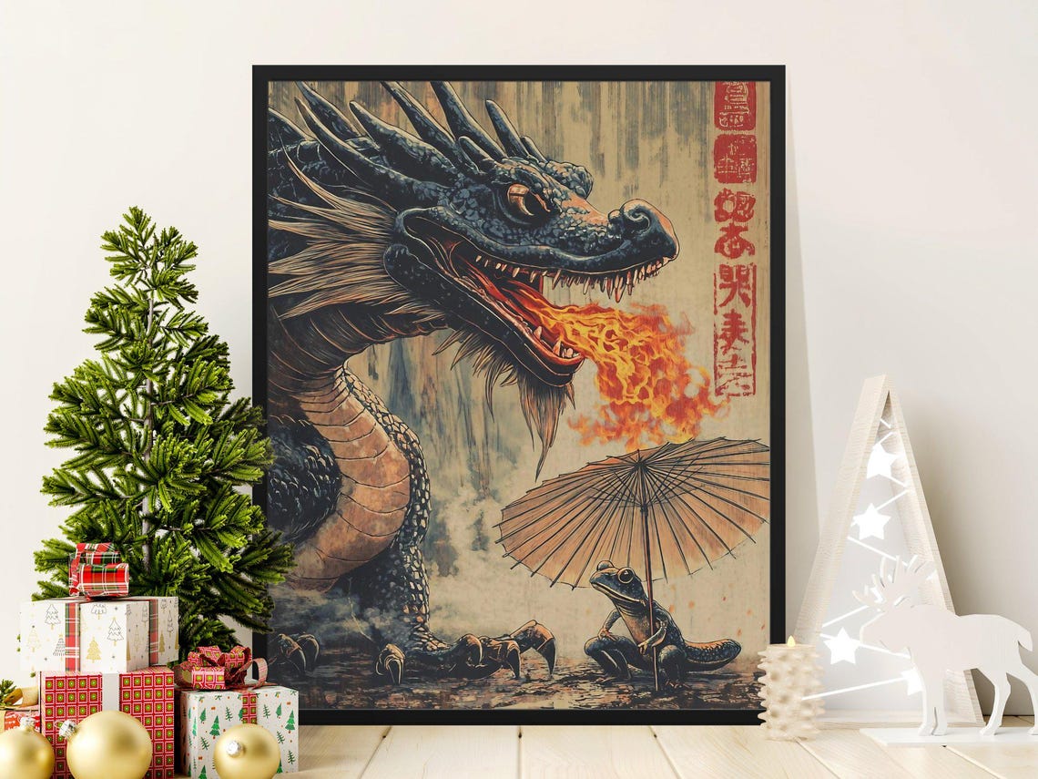 Giant Fire Breathing Dragon Tiny Frog Umbrella Japanese Fantasy Poster