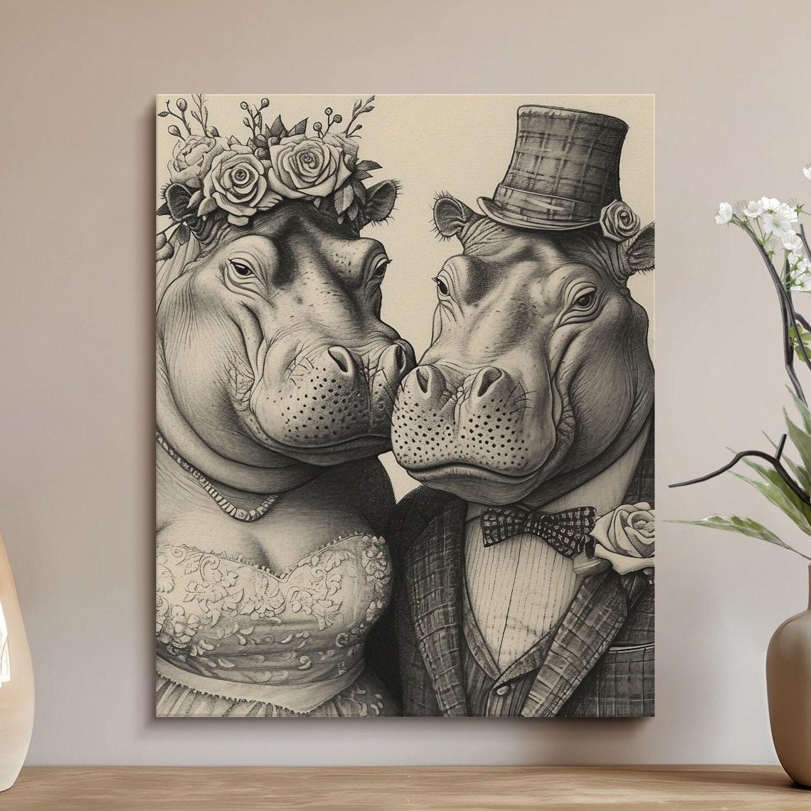 Hippo Bride and Groom Wedding Portrait Pencil Sketch Wall Art - Image 3