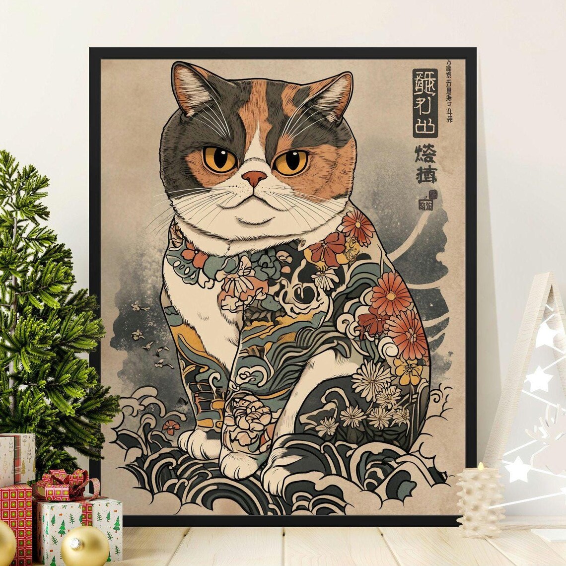 Calico Cat Ukiyo E Woodblock Tattoo Flowers Waves Japanese Art Poster