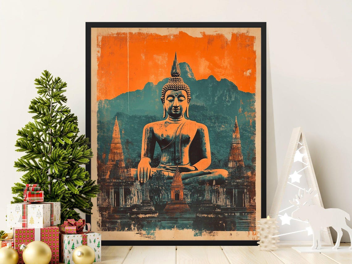 Thai Buddha Statue Temple Sunset Teal Orange Vintage Travel Poster