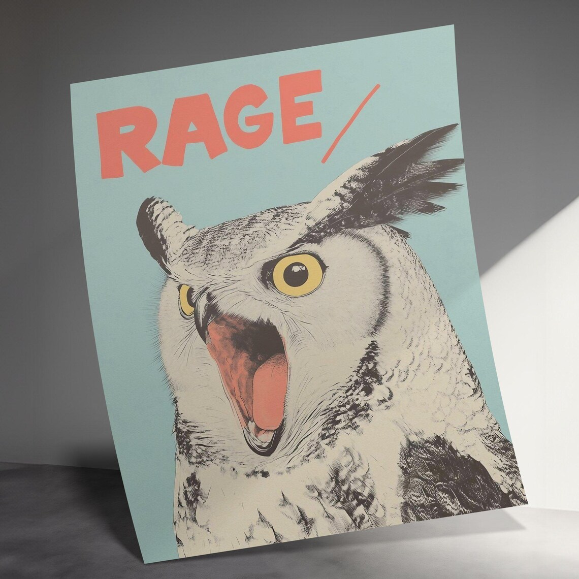 Screaming Owl RAGE Text Funny Retro Bird Style Wildlife Wall Art - Image 3