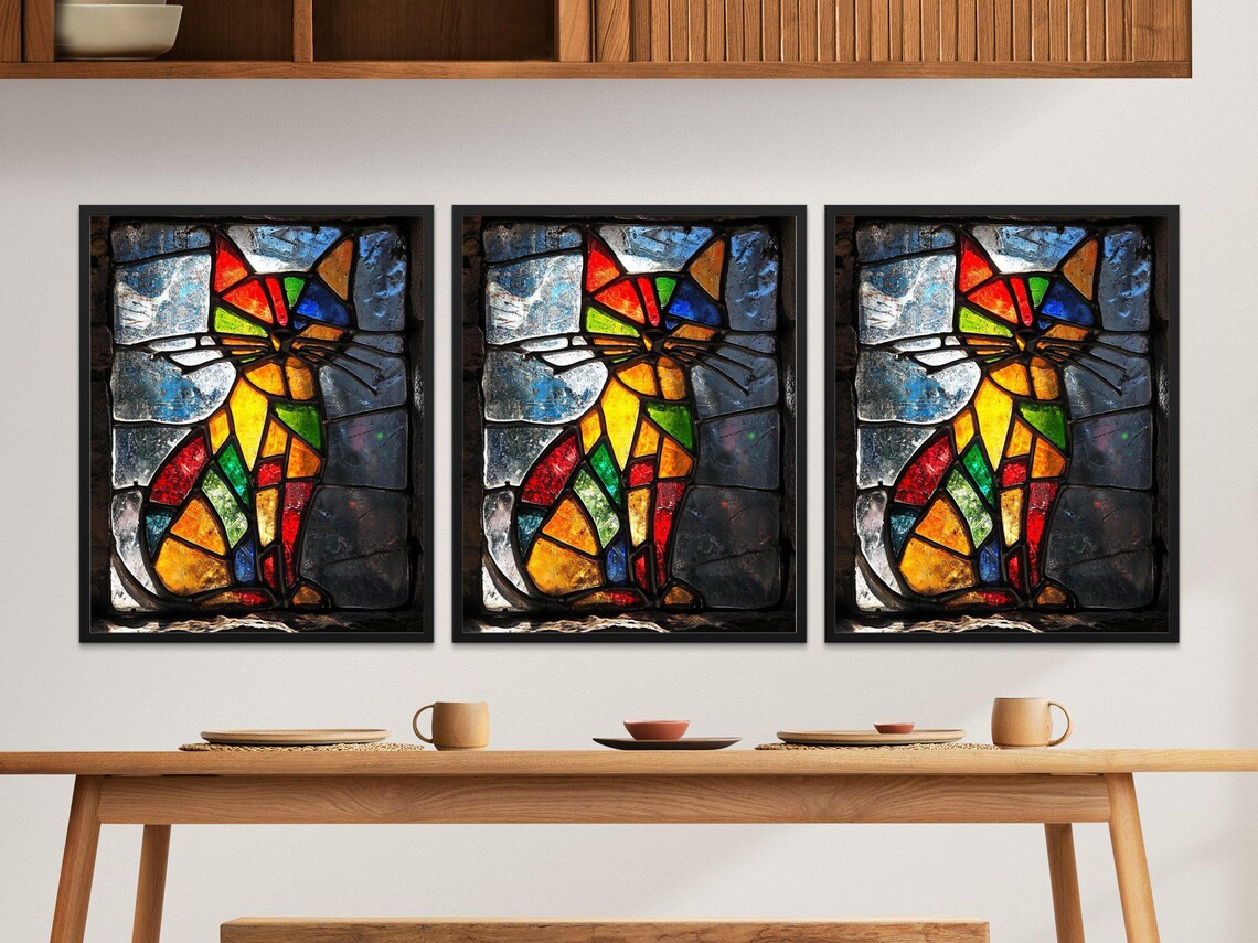Rainbow Stained Glass Cat Silhouette Colorful Window Art Wall Poster - Image 2